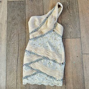 Musani Couture blush one shoulder lace draped rhinestone mini cocktail dress 6